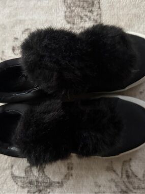 Black Faux Fur Slip-On Sneakers for Women